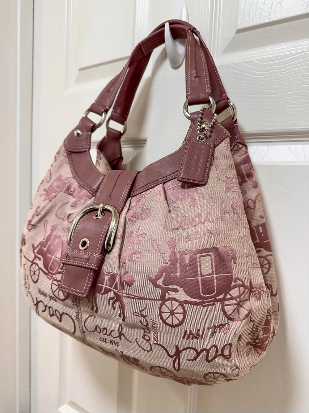 Coach Soho Lyn Horse & Carriage Pink Jacquard & Leather Trim Large Hobo Y2K